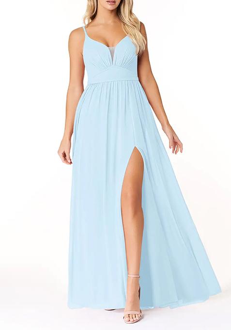 Sky Blue Flowy V-Neck Pleated Chiffon Gown