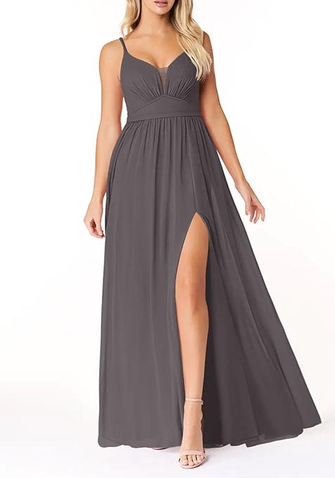 Steel Grey Flowy V-Neck Pleated Chiffon Gown