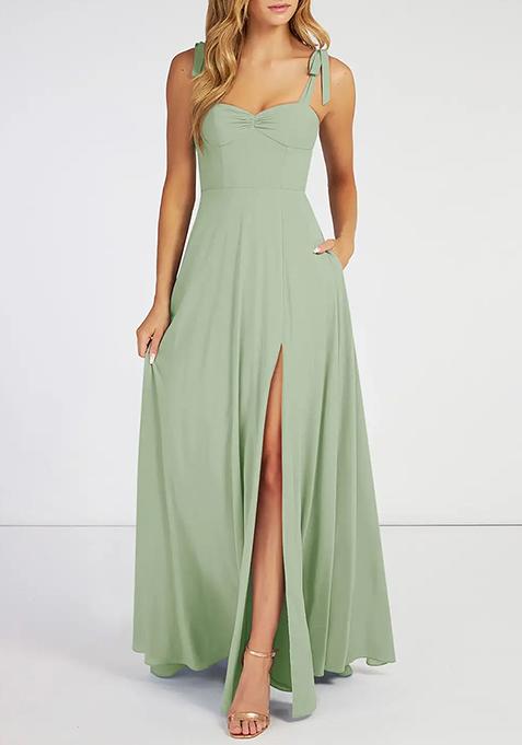 Sage Green Flowy Sweetheart Neckline Chiffon Gown