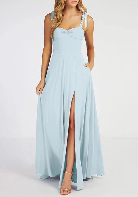 Sky Blue Flowy Sweetheart Neckline Chiffon Gown