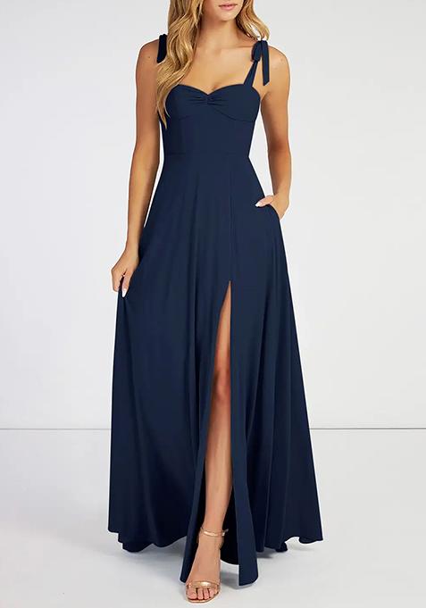 Dark Navy Flowy Sweetheart Neckline Chiffon Gown