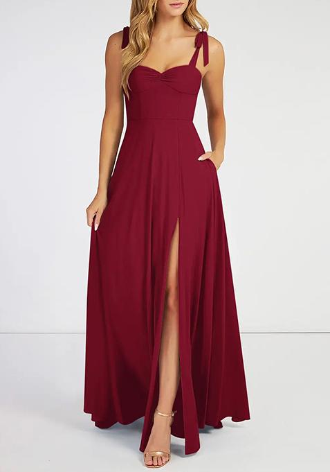 Burgundy Flowy Sweetheart Neckline Chiffon Gown