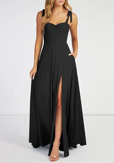 Black Flowy Sweetheart Neckline Chiffon Gown