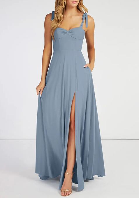 Dusty Blue Flowy Sweetheart Neckline Chiffon Gown