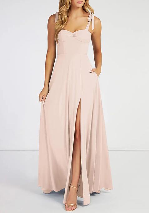 Blush Pink Flowy Sweetheart Neckline Chiffon Gown