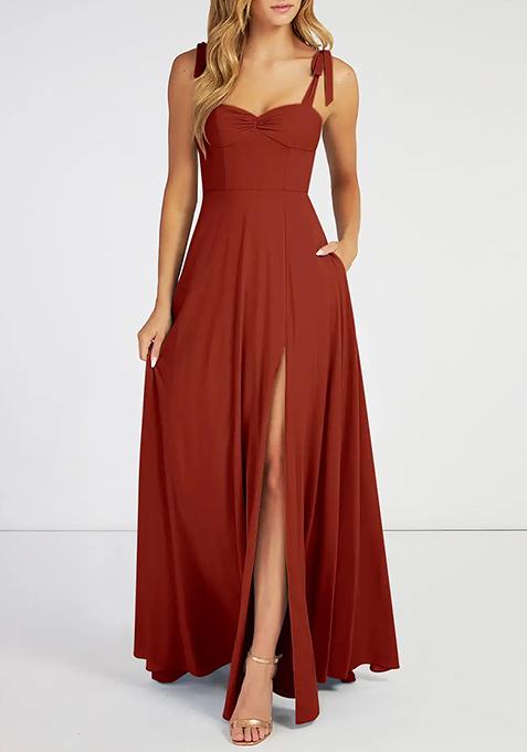 Rust Flowy Sweetheart Neckline Chiffon Gown