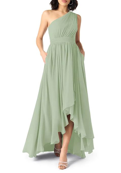 Sage Green A-Line One Shoulder Chiffon Gown