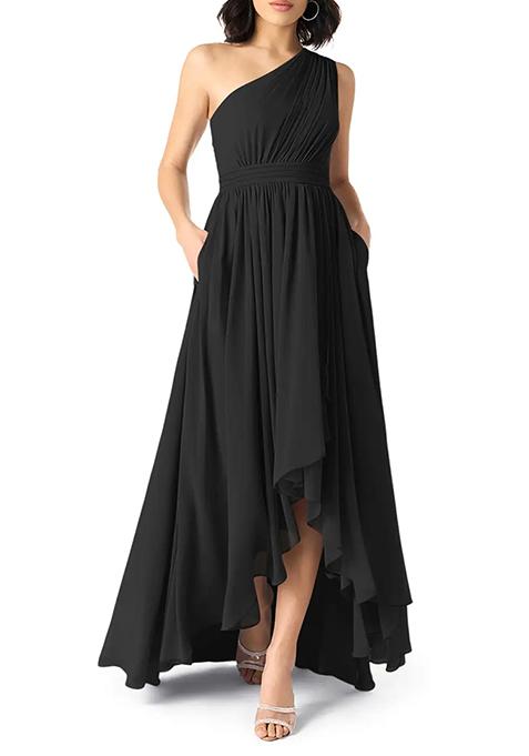 Black A-Line One Shoulder Chiffon Gown