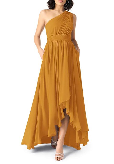 Mustard A-Line One Shoulder Chiffon Gown