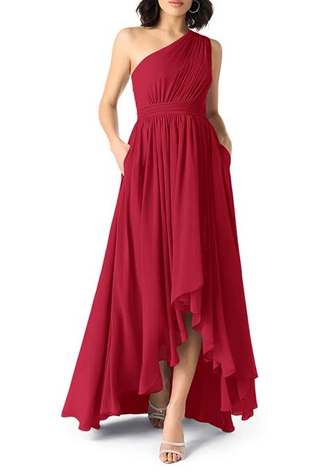 Bright Red A-Line One Shoulder Chiffon Gown