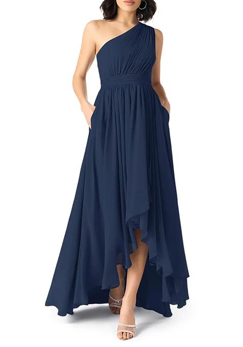 Dark Navy A-Line One Shoulder Chiffon Gown