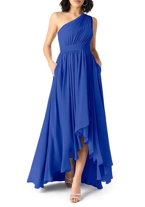 Royal Blue A-Line One Shoulder Chiffon Gown