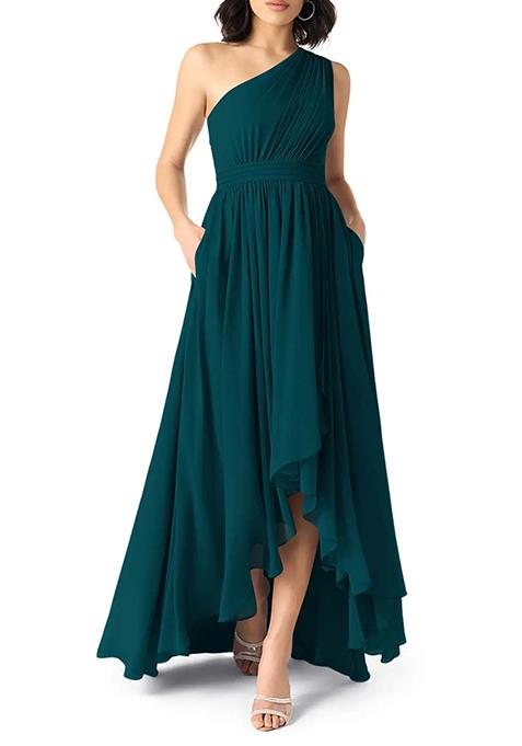 Dark Green A-Line One Shoulder Chiffon Gown