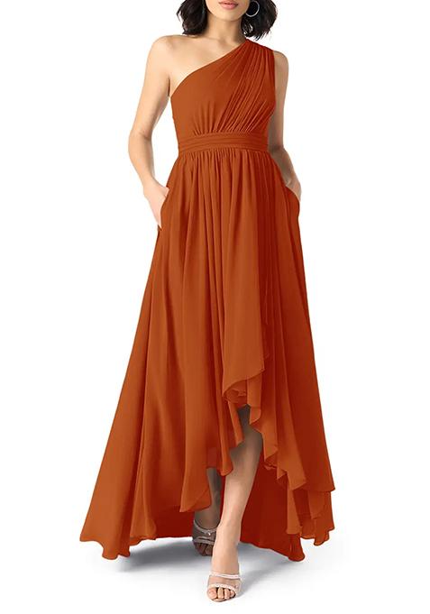 Dark Orange A-Line One Shoulder Chiffon Gown