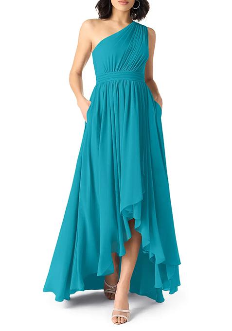 Blue A-Line One Shoulder Chiffon Gown