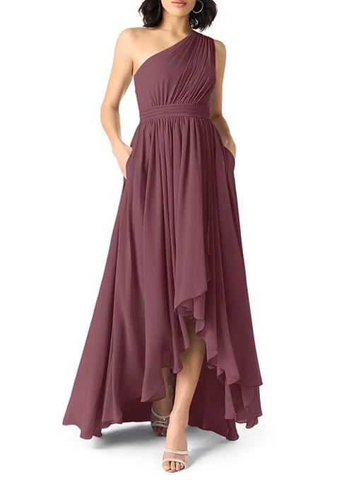 Burgundy A-Line One Shoulder Chiffon Gown