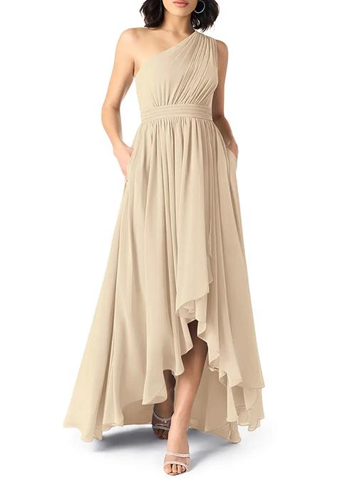 Cream A-Line One Shoulder Chiffon Gown