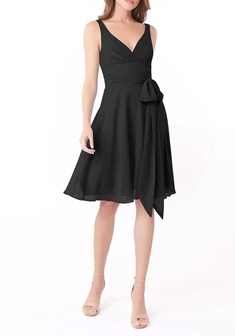 Black A-Line Pleated Chiffon Dress