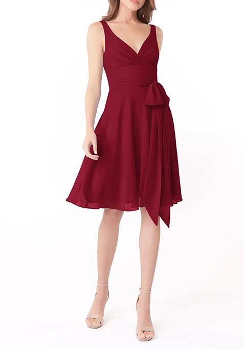 Burgundy A-Line Pleated Chiffon Dress