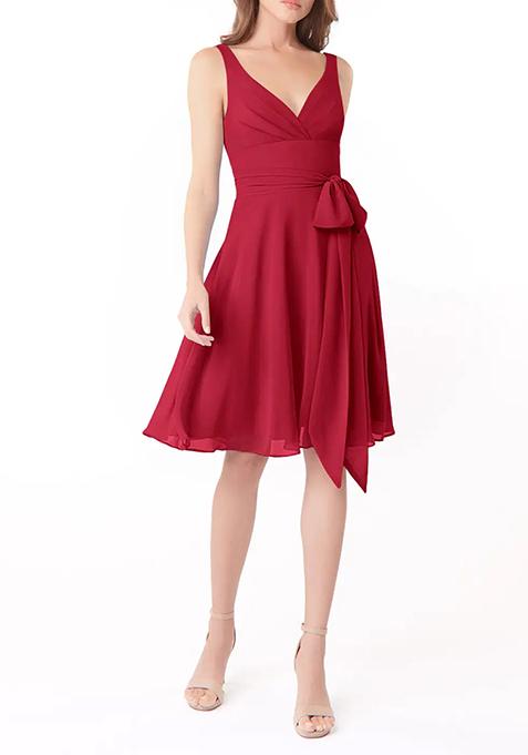 Bright Red A-Line Pleated Chiffon Dress