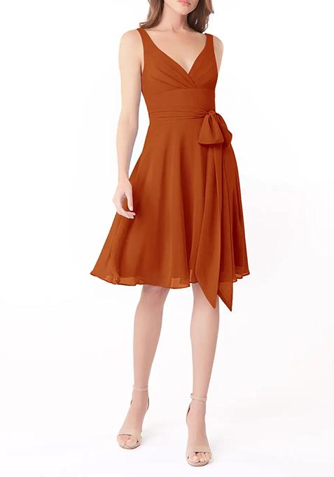 Dark Orange A-Line Pleated Chiffon Dress