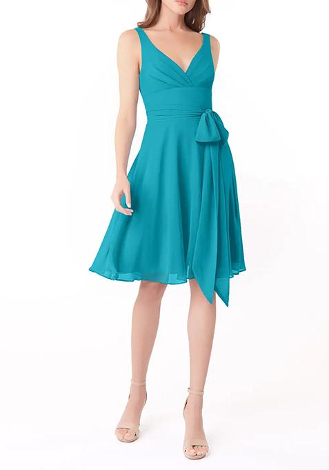 Blue A-Line Pleated Chiffon Dress