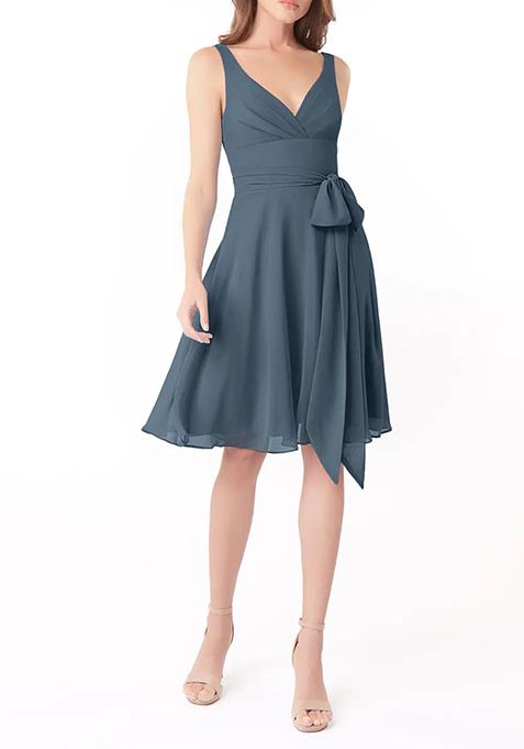 Blue A-Line Pleated Chiffon Dress