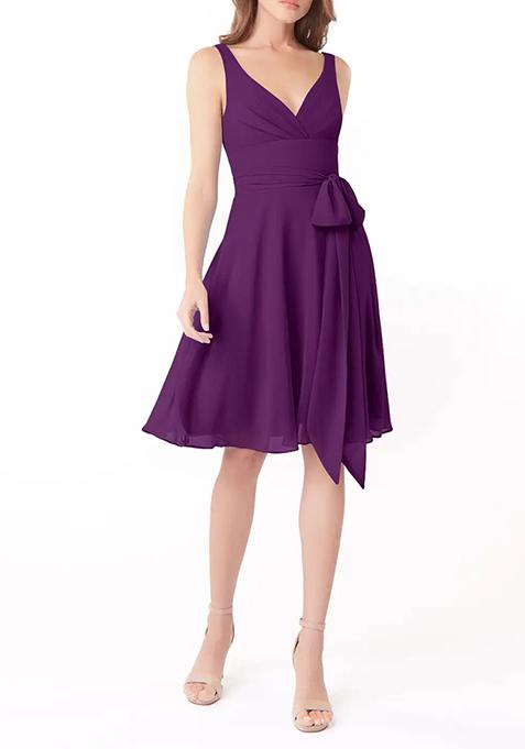 Purple A-Line Pleated Chiffon Dress