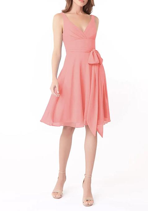 Coral A-Line Pleated Chiffon Dress