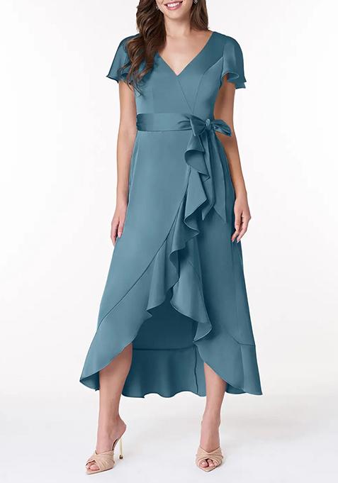 Blue Flowy Ruched Stretch Satin Dress