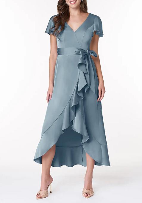 Dusty Blue Flowy Ruched Stretch Satin Dress