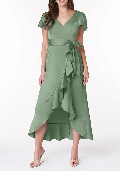 Light Green Flowy Ruched Stretch Satin Dress