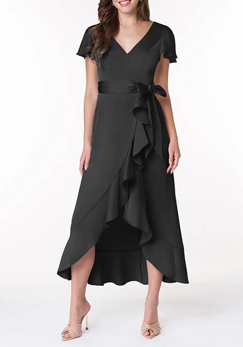 Black Flowy Ruched Stretch Satin Dress