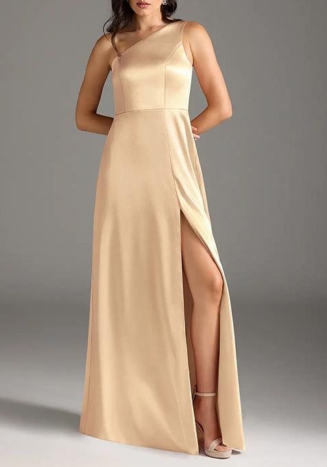 Golden A-Line One Shoulder Satin Gown