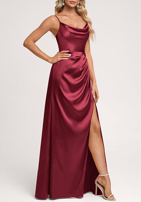 Silver A-line Cowl Floor-Length Satin Gown