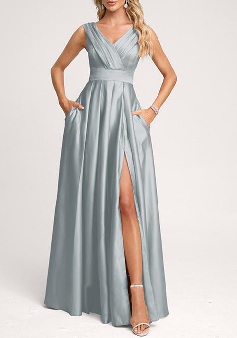 Dusty Blue A-line V-Neck Floor-Length Satin Gown