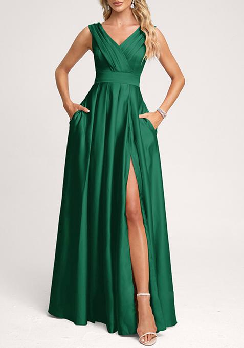 Dark Green A-line V-Neck Floor-Length Satin Gown