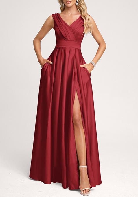 Burgundy A-line V-Neck Floor-Length Satin Gown