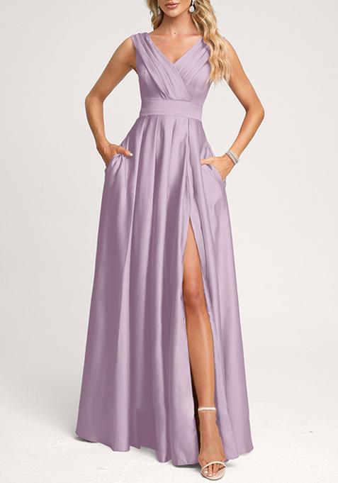 Lavender A-line V-Neck Floor-Length Satin Gown