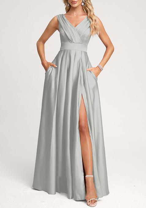 Silver A-line V-Neck Floor-Length Satin Gown