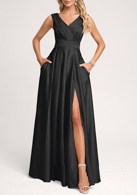 Black A-line V-Neck Floor-Length Satin Gown