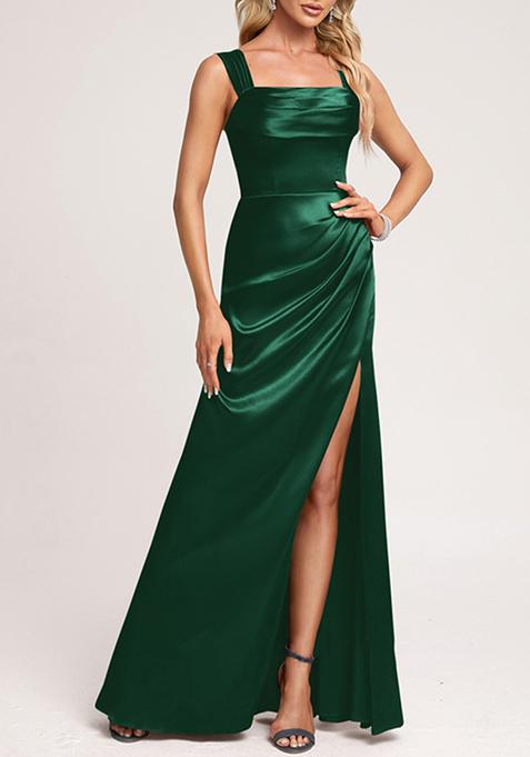 Dark Green A-line Floor-Length Satin Gown