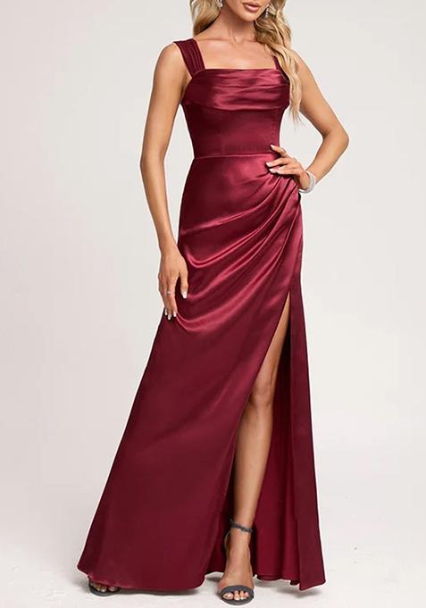 Burgundy A-line Floor-Length Satin Gown