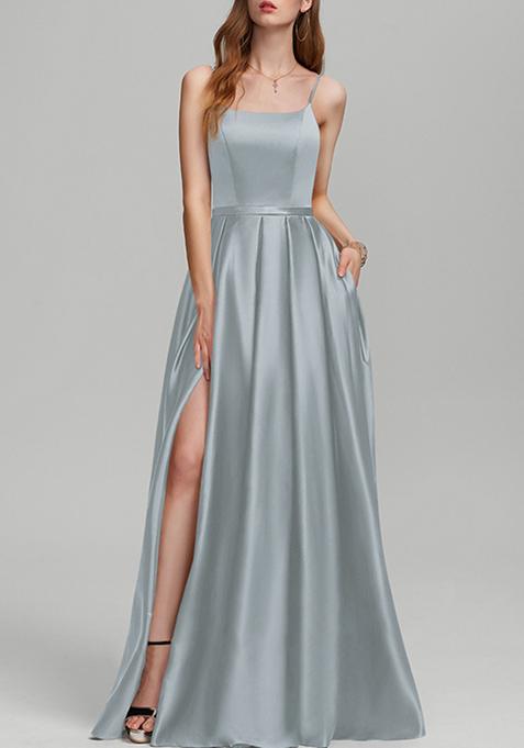 Dusty Blue A-line Floor-Length Satin Gown