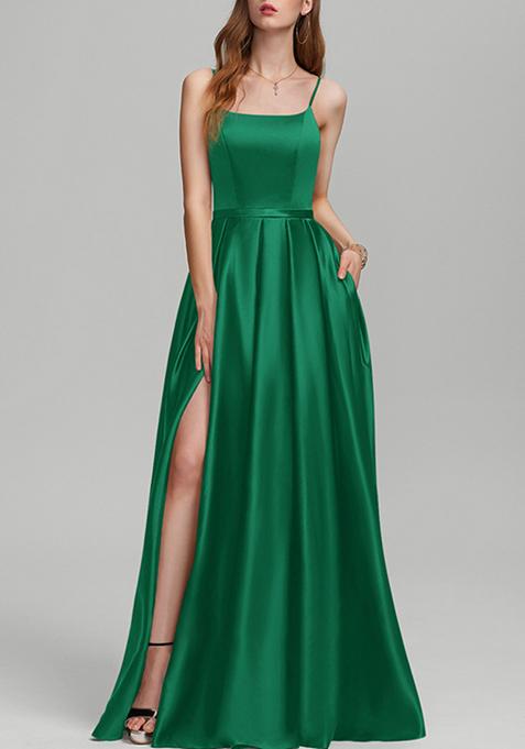 Dark Green A-line Floor-Length Satin Gown