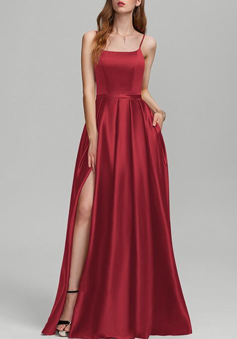 Burgundy A-line Floor-Length Satin Gown