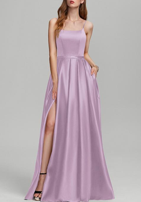 Lavender A-line Floor-Length Satin Gown