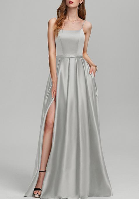 Silver A-line Floor-Length Satin Gown