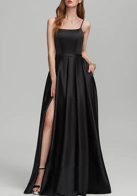 Black A-line Floor-Length Satin Gown