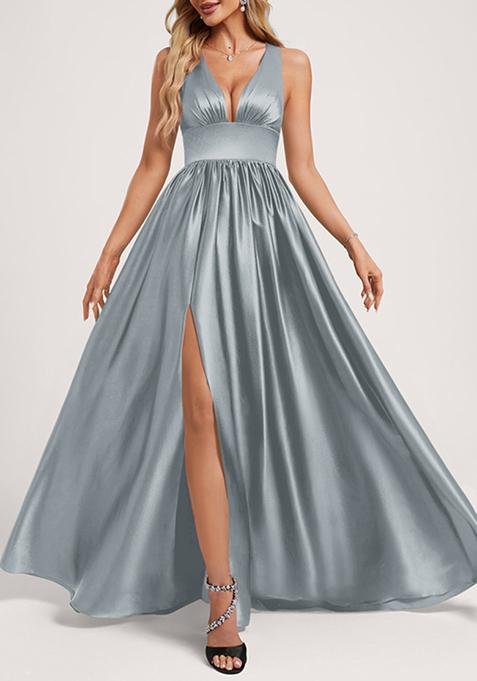 Dusty Blue A-line V-Neck Floor-Length Satin Gown